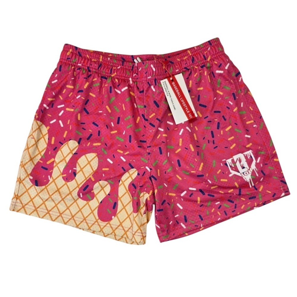 Baseball Lifestyle 101 Men Small Ice Cream Shorts Strawberry Sprinkle Waffle NWT